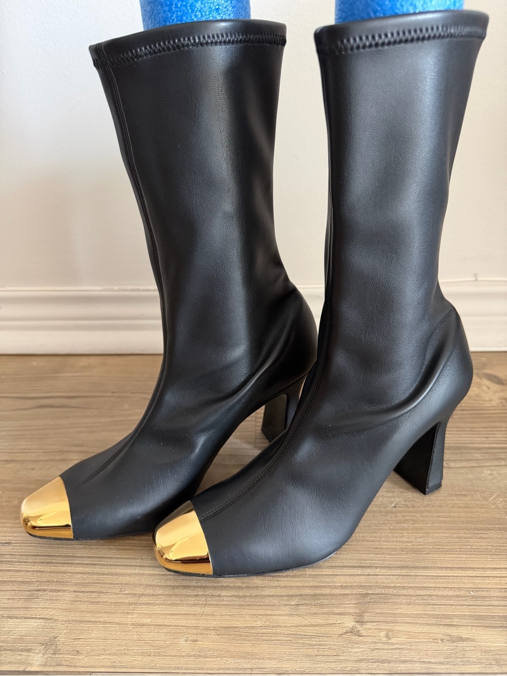 Maria Luca Black Ellia Boots Mid-Calf Heeled Boots with Gold Cap Toe - size 39EU